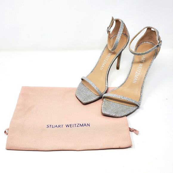 Stuart Weitzman Nudistcurve Glitter Ankle Strap Sandals Silver Crystal Size 8.5 - Picture 2 of 11